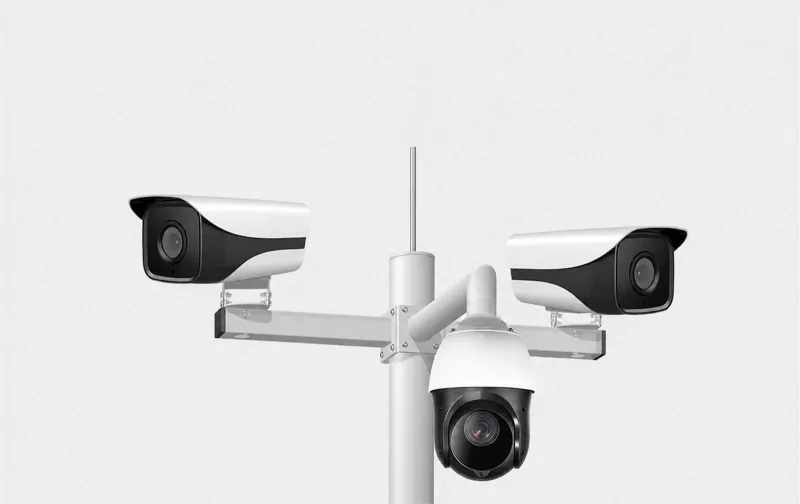 Four-sided mounting arms supporting two bullet cameras and a PTZ camera